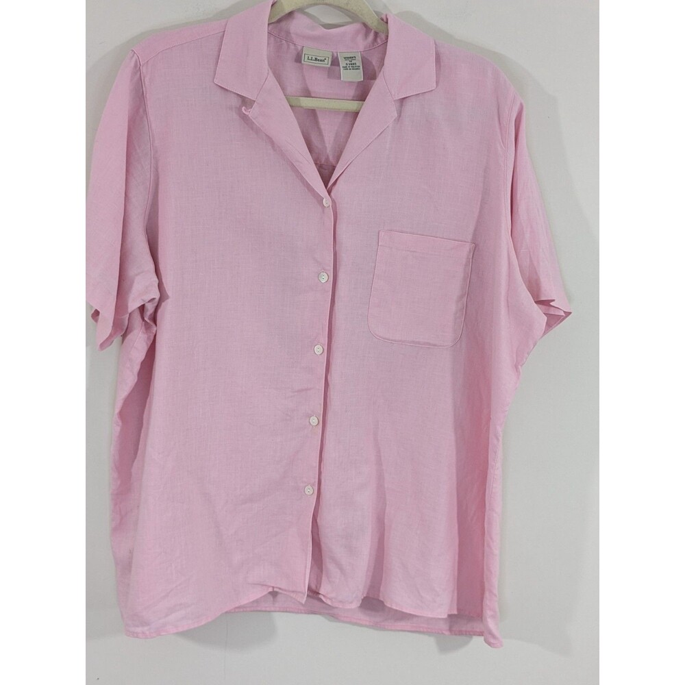 LL Bean Womens 1X Button Up Shirt Top 100% Linen Pink Pocket Casual Everyday